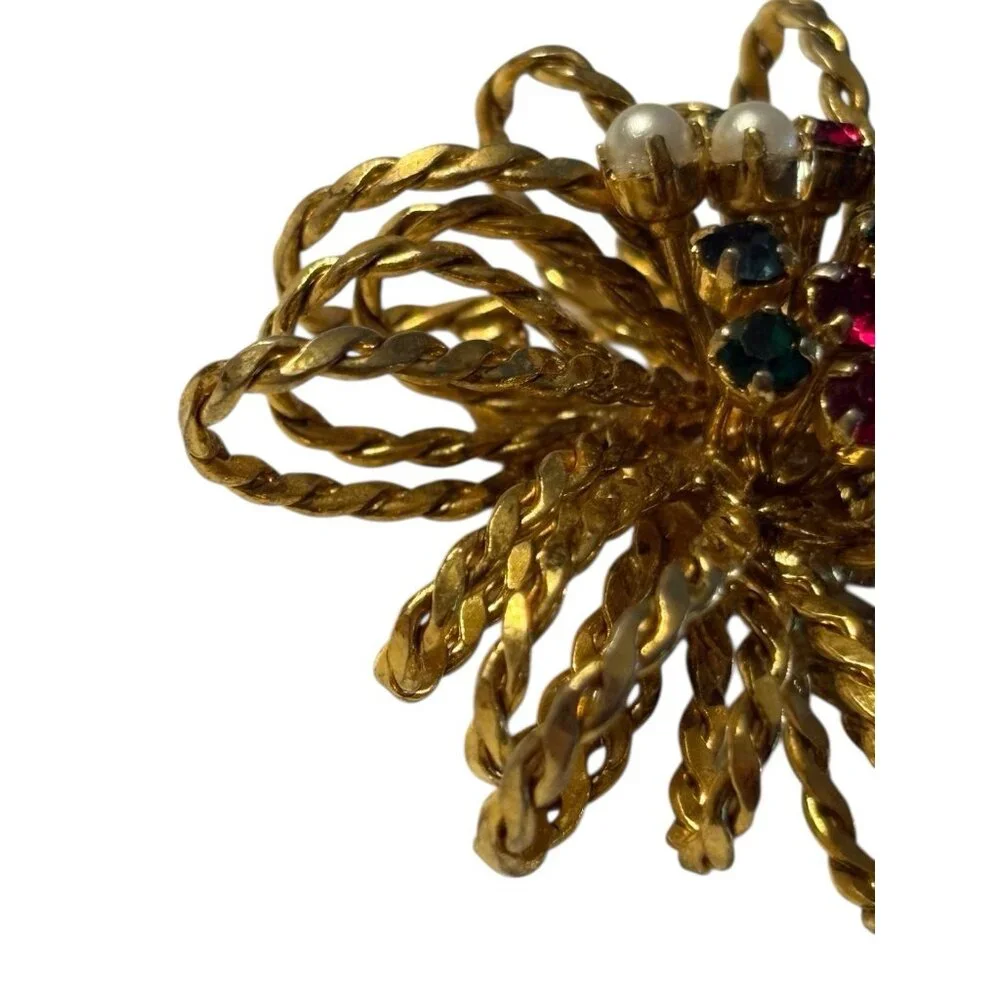 Austria 3D Rope Brooch Pin Starburst Fireworks‎ Atomic Rhinestone Faux Pearl VTG